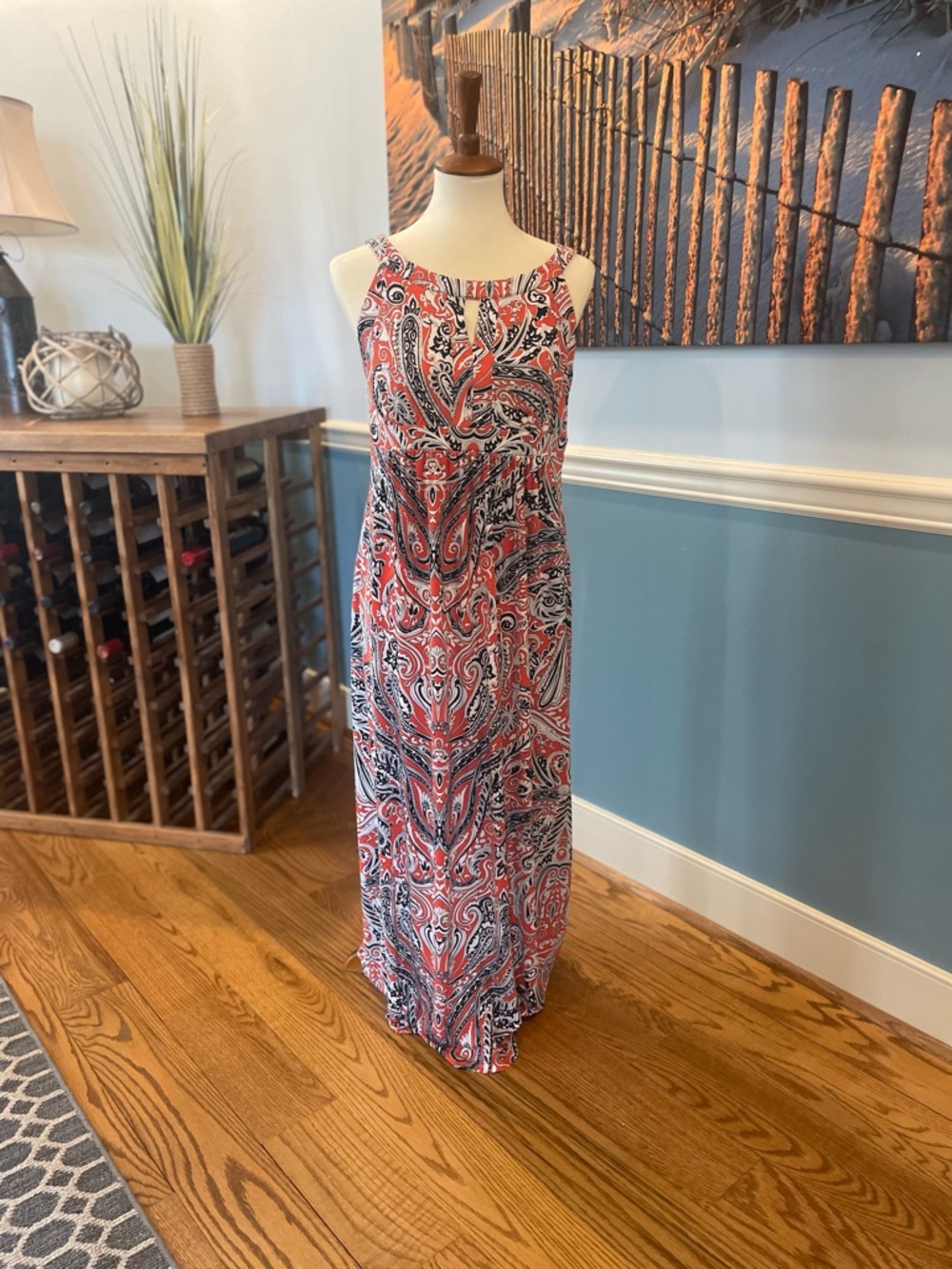 Ann Taylor Coral and Navy Paisley Maxi Dress
